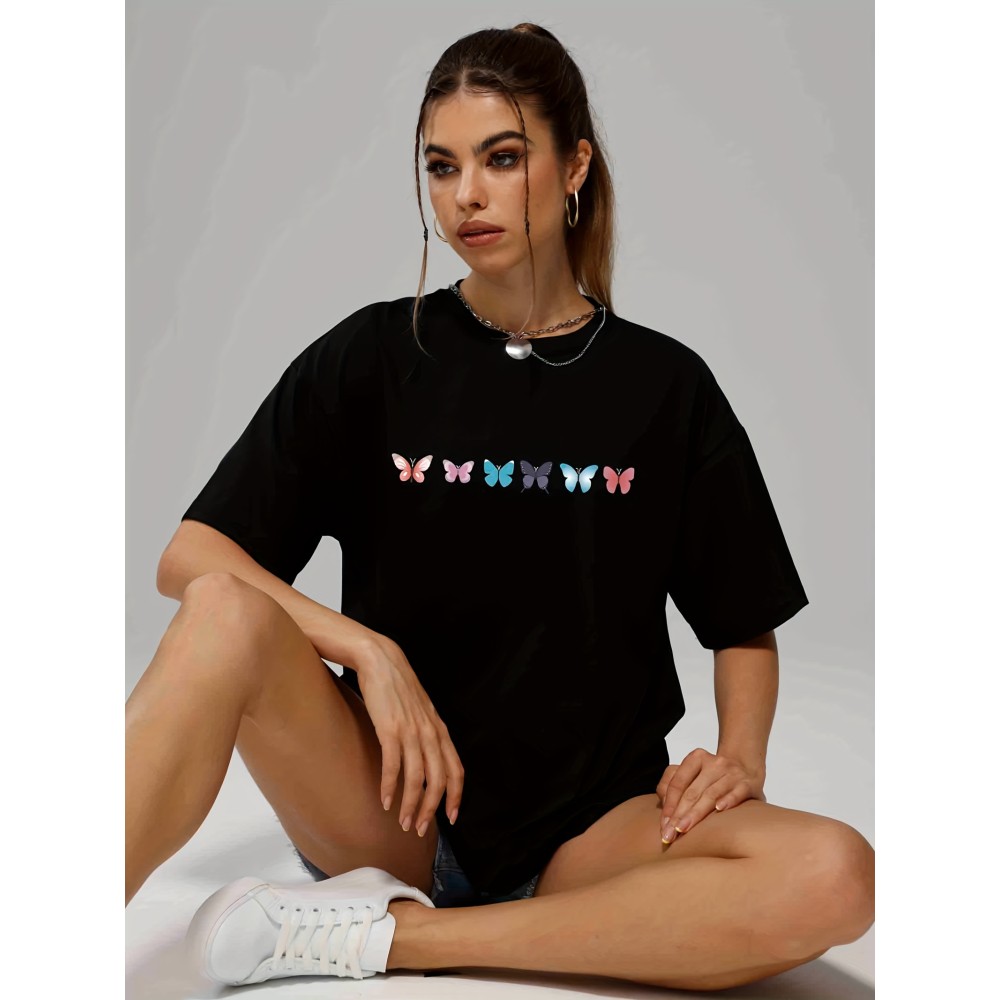 Butterfly Print Casual Sports T-shirts, Solid Crew Neck Hip-hop Summer Tee, Women's Clothing