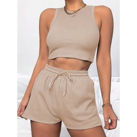 2 Pieces Casual Sports Suit, Solid Rib-knitting Outdoor Set, Crew Neck Sleeveless Crop Top & Drawstring Shorts, Women's Clothing