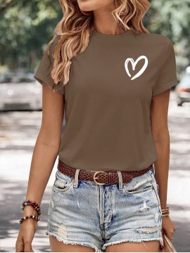 Heart Pattern Versatile T-Shirt, Round Neck Short Sleeves Stretchy Casual Tee, Valentine's Day Women's Tops