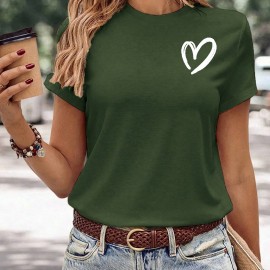 Heart Pattern Versatile T-Shirt, Round Neck Short Sleeves Stretchy Casual Tee, Valentine's Day Women's Tops