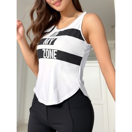 Letter Graphic Outdoor Workout Sports Tank Top, Round Neck Casual Sleeveless Sports Tee, Women's Summer Tops