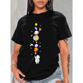 Spaceman Universe Print Causal Sports T-shirt,  Short Sleeves Crew Neck Fashion Workout Tops, Women's Activewear