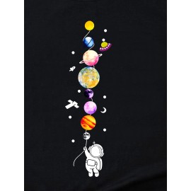 Spaceman Universe Print Causal Sports T-shirt,  Short Sleeves Crew Neck Fashion Workout Tops, Women's Activewear