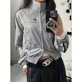 American Street Retro Stand Collar Sports Jacket, Fashion Zipper Casual Jacket, Women's Clothing