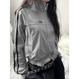 American Street Retro Stand Collar Sports Jacket, Fashion Zipper Casual Jacket, Women's Clothing