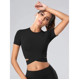 Solid Color Slim Fit Yoga Sports Crop T-shirt, Round Neck Short Sleeves Workout Top, Women's Activewear