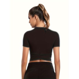 Solid Color Slim Fit Yoga Sports Crop T-shirt, Round Neck Short Sleeves Workout Top, Women's Activewear