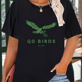 Eagle Print Casual Sports T-shirt, Round Neck Workout Running Short Sleeves Tops, Women's Activewear