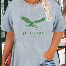 Eagle Print Casual Sports T-shirt, Round Neck Workout Running Short Sleeves Tops, Women's Activewear