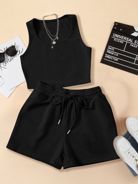 2pcs Casual Sports Set, Crew Neck Sports Tank Top & Elastic Waist Running Shorts Suit, Women's Activewear