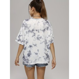 Tie Dye & Letter Graphic Tee, Casual Loose Crew Neck T-shirts, Women's Clothing