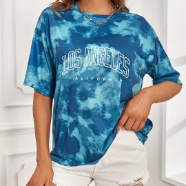 Tie Dye & Letter Graphic Tee, Casual Loose Crew Neck T-shirts, Women's Clothing