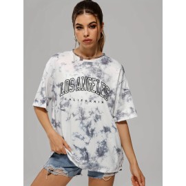 Tie Dye & Letter Graphic Tee, Casual Loose Crew Neck T-shirts, Women's Clothing