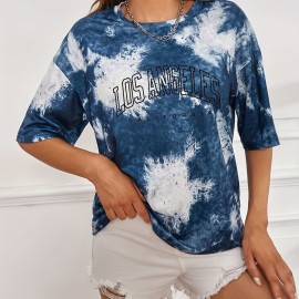 Tie Dye & Letter Graphic Tee, Casual Loose Crew Neck T-shirts, Women's Clothing