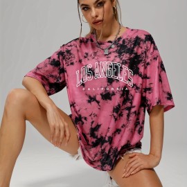 Tie Dye & Letter Graphic Tee, Casual Loose Crew Neck T-shirts, Women's Clothing