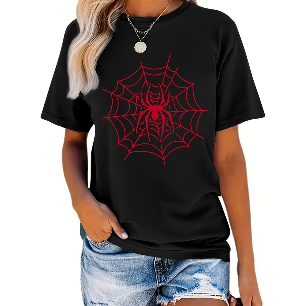 Spider & Web Print Versatile T-Shirt, Round Neck Short Sleeves Stretchy Casual Tee, Halloween Women's Sports Top