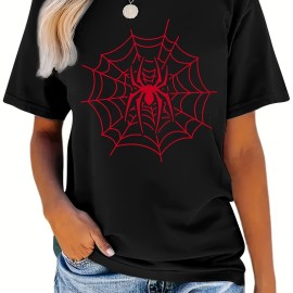 Spider & Web Print Versatile T-Shirt, Round Neck Short Sleeves Stretchy Casual Tee, Halloween Women's Sports Top