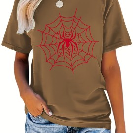 Spider & Web Print Versatile T-Shirt, Round Neck Short Sleeves Stretchy Casual Tee, Halloween Women's Sports Top