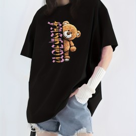 Fashion Letter & Bear Print Sports Top, Casual Crew Neck Short Sleeve Street T-shirt, Women's Clothing