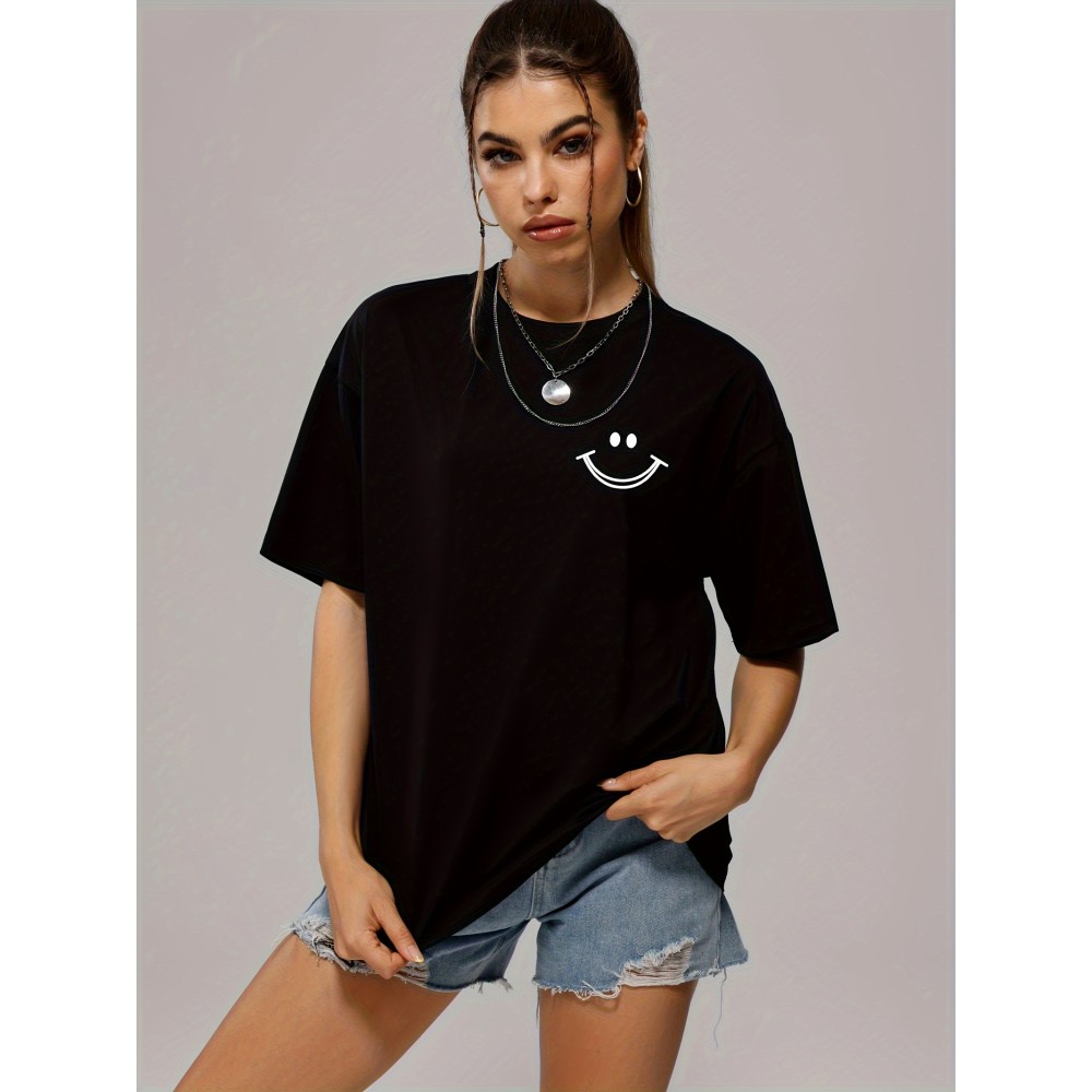 Smiling Face Print T-Shirt, Fashion Casual Crew Neck Short Sleeve Sport T-Shirt, Casual Daily Tops, Women's Clothing