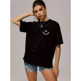 Smiling Face Print T-Shirt, Fashion Casual Crew Neck Short Sleeve Sport T-Shirt, Casual Daily Tops, Women's Clothing