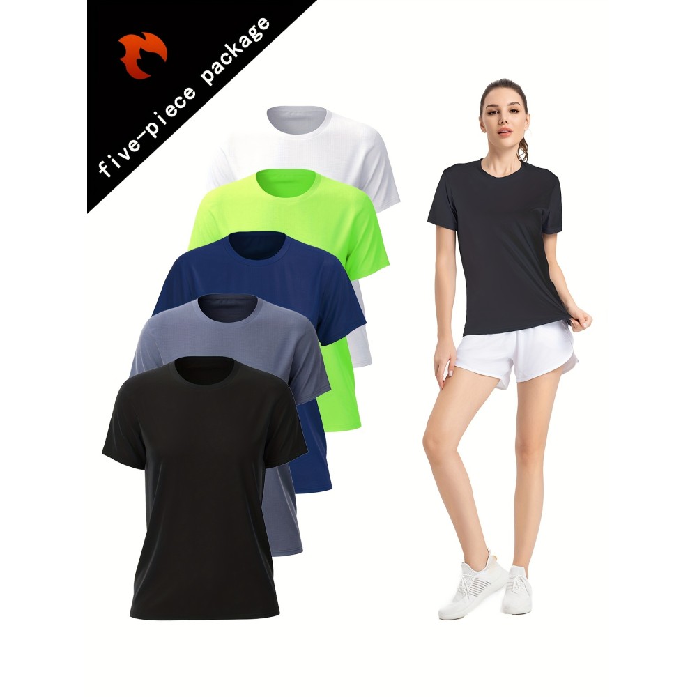 5 Pcs Sports T-shirt, Quick-drying Breathable Running Fitness Tennis T-shirt, Badminton Training Lightweight Top, Casual Round Neck Short Sleeve