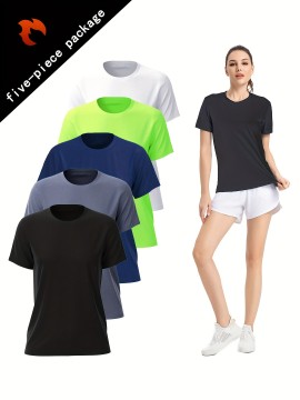 5 Pcs Sports T-shirt, Quick-drying Breathable Running Fitness Tennis T-shirt, Badminton Training Lightweight Top, Casual Round Neck Short Sleeve
