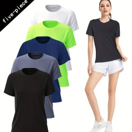 5 Pcs Sports T-shirt, Quick-drying Breathable Running Fitness Tennis T-shirt, Badminton Training Lightweight Top, Casual Round Neck Short Sleeve