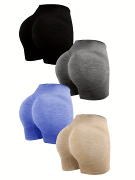 4pcs Solid Color Running Hip Lifting Yoga Sports Shorts, High Waist Workout Biker Shorts, Women's Activewear