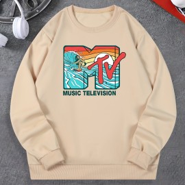 Music Television Print Fashionable Men's Casual Long Sleeve Crew Neck Pullover Sweatshirt,Suitable For Outdoor Sports,For Autumn Spring,Can Be Paired With Hip-hop Necklace,As Gifts