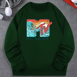 Music Television Print Fashionable Men's Casual Long Sleeve Crew Neck Pullover Sweatshirt,Suitable For Outdoor Sports,For Autumn Spring,Can Be Paired With Hip-hop Necklace,As Gifts