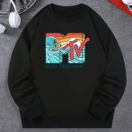 Music Television Print Fashionable Men's Casual Long Sleeve Crew Neck Pullover Sweatshirt,Suitable For Outdoor Sports,For Autumn Spring,Can Be Paired With Hip-hop Necklace,As Gifts