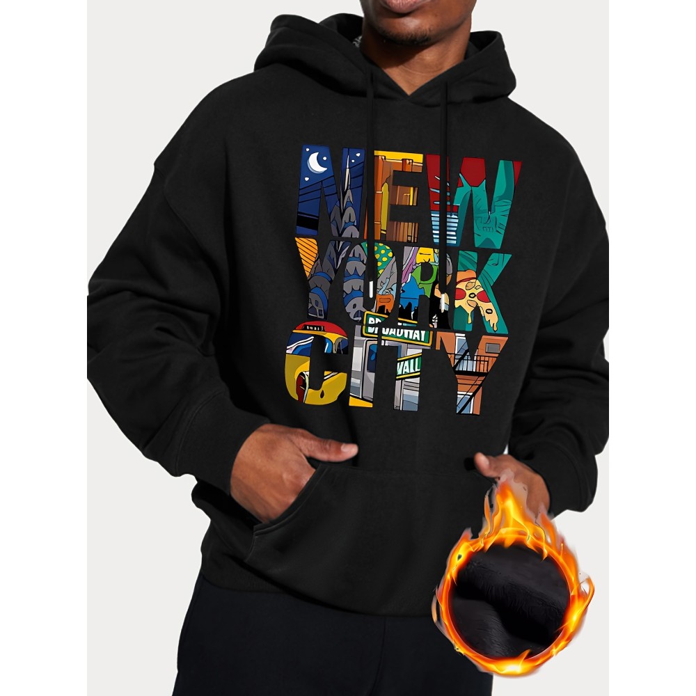 New York City Print Men's Pullover Round Neck Long Sleeve HOODED Sweatshirt Pattern Loose Casual Top For Autumn Winter Men's Clothing As Gifts