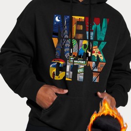 New York City Print Men's Pullover Round Neck Long Sleeve HOODED Sweatshirt Pattern Loose Casual Top For Autumn Winter Men's Clothing As Gifts