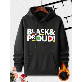 Men's Stylish Loose Black Proud Pattern Fleece Hoodie With Pockets, Casual Breathable Long Sleeve Hooded Sweatshirt For City Walk Street Hanging Outdoor Activities