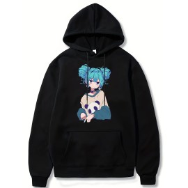 Anime Girl Pattern Hoodie With Kangaroo Pocket, Men's Casual Stretch Pullover Hooded Sweatshirt