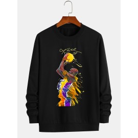 Fashionable Men's Casual Basketball Player Pattern Print,Long Sleeve Round Neck Pullover Sweatshirt,Suitable For Outdoor Sports,For Autumn And Winter,Can Be Paired With Hip-hop Necklace,As Gifts