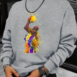 Fashionable Men's Casual Basketball Player Pattern Print,Long Sleeve Round Neck Pullover Sweatshirt,Suitable For Outdoor Sports,For Autumn And Winter,Can Be Paired With Hip-hop Necklace,As Gifts