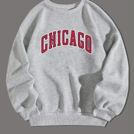 CHICAGO Print Fashionable Men's Casual Long Sleeve Crew Neck Pullover Sweatshirt, Suitable For Outdoor Sports, For Autumn Spring, Can Be Paired With Necklace, As Gifts