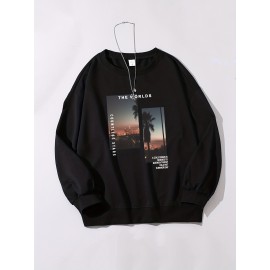 Men's Sunset Photo And Letter Print Trendy Sweatshirt, Crew Neck Long Sleeve Tops, Men's Outfits