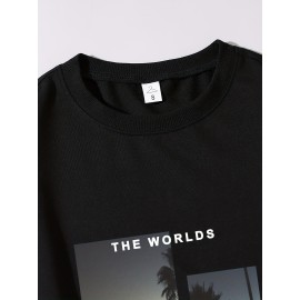 Men's Sunset Photo And Letter Print Trendy Sweatshirt, Crew Neck Long Sleeve Tops, Men's Outfits