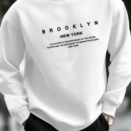 BROOKLYN NEW YORK Print Fashionable Men's Casual Long Sleeve Crew Neck Pullover Sweatshirt,Suitable For Outdoor Sports,For Autumn Spring,Can Be Paired With Hip-hop Necklace,As Gifts