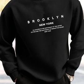 BROOKLYN NEW YORK Print Fashionable Men's Casual Long Sleeve Crew Neck Pullover Sweatshirt,Suitable For Outdoor Sports,For Autumn Spring,Can Be Paired With Hip-hop Necklace,As Gifts