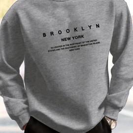 BROOKLYN NEW YORK Print Fashionable Men's Casual Long Sleeve Crew Neck Pullover Sweatshirt,Suitable For Outdoor Sports,For Autumn Spring,Can Be Paired With Hip-hop Necklace,As Gifts