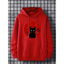 Ninja Cat Print Hoodie, Cool Hoodies For Men, Men's Casual Graphic Design Pullover Hooded Sweatshirt With Kangaroo Pocket Streetwear For Winter Fall, As Gifts