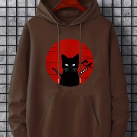 Ninja Cat Print Hoodie, Cool Hoodies For Men, Men's Casual Graphic Design Pullover Hooded Sweatshirt With Kangaroo Pocket Streetwear For Winter Fall, As Gifts