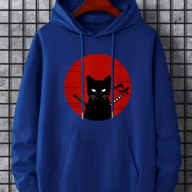 Ninja Cat Print Hoodie, Cool Hoodies For Men, Men's Casual Graphic Design Pullover Hooded Sweatshirt With Kangaroo Pocket Streetwear For Winter Fall, As Gifts