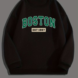 BOSTON EST 1997 Print, Sweatshirt With Long Sleeves, Men's Creative Slightly Flex Crew Neck Pullover For Spring Fall And Winter