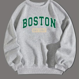 BOSTON EST 1997 Print, Sweatshirt With Long Sleeves, Men's Creative Slightly Flex Crew Neck Pullover For Spring Fall And Winter