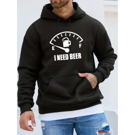 I NEED BEER Print Kangaroo Pocket Fleece Sweatshirt Hoodie Pullover, Fashion Street Style Long Sleeve Sports Tops, Graphic Pullover Shirts For Men Autumn Winter Gifts